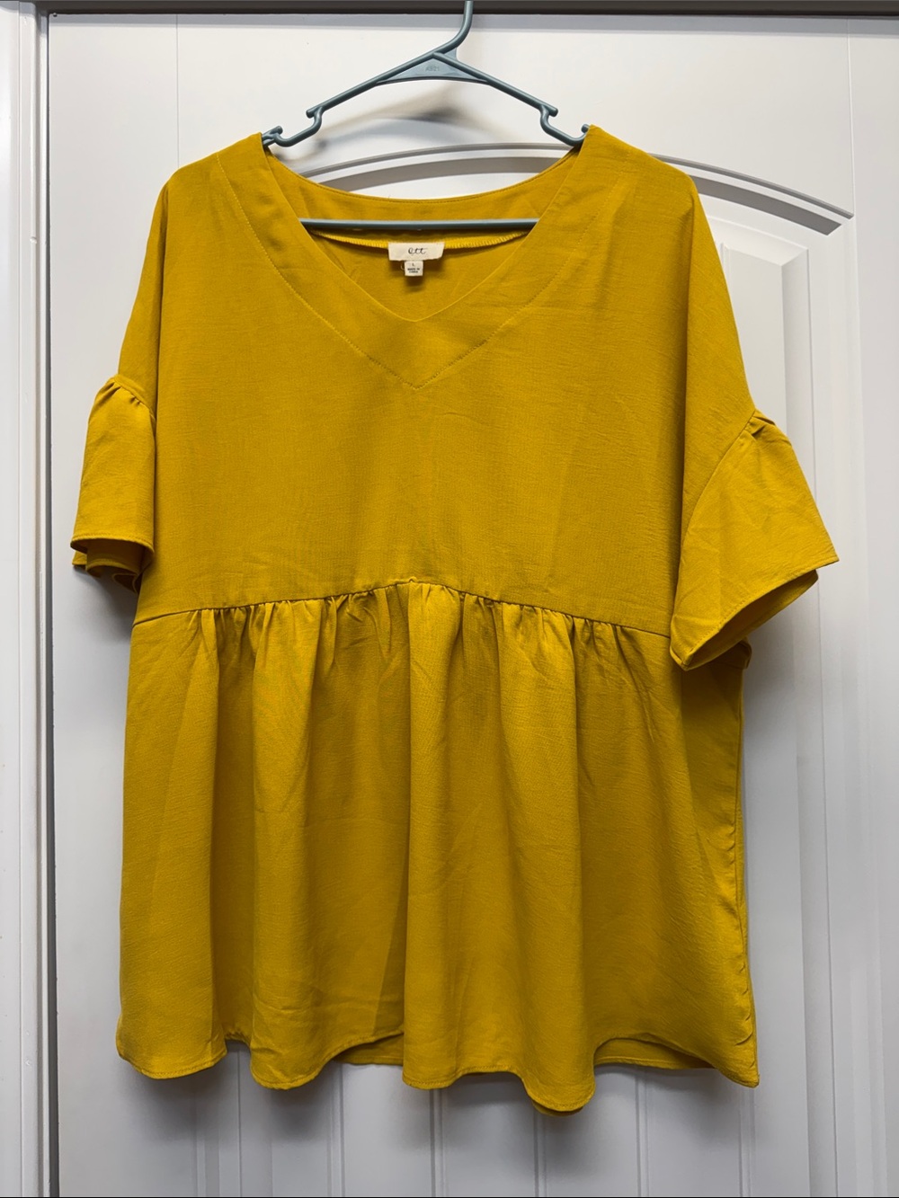 Ott Mustard Yellow Babydoll Top V-Neck Flutter Sleeve Blouse size L